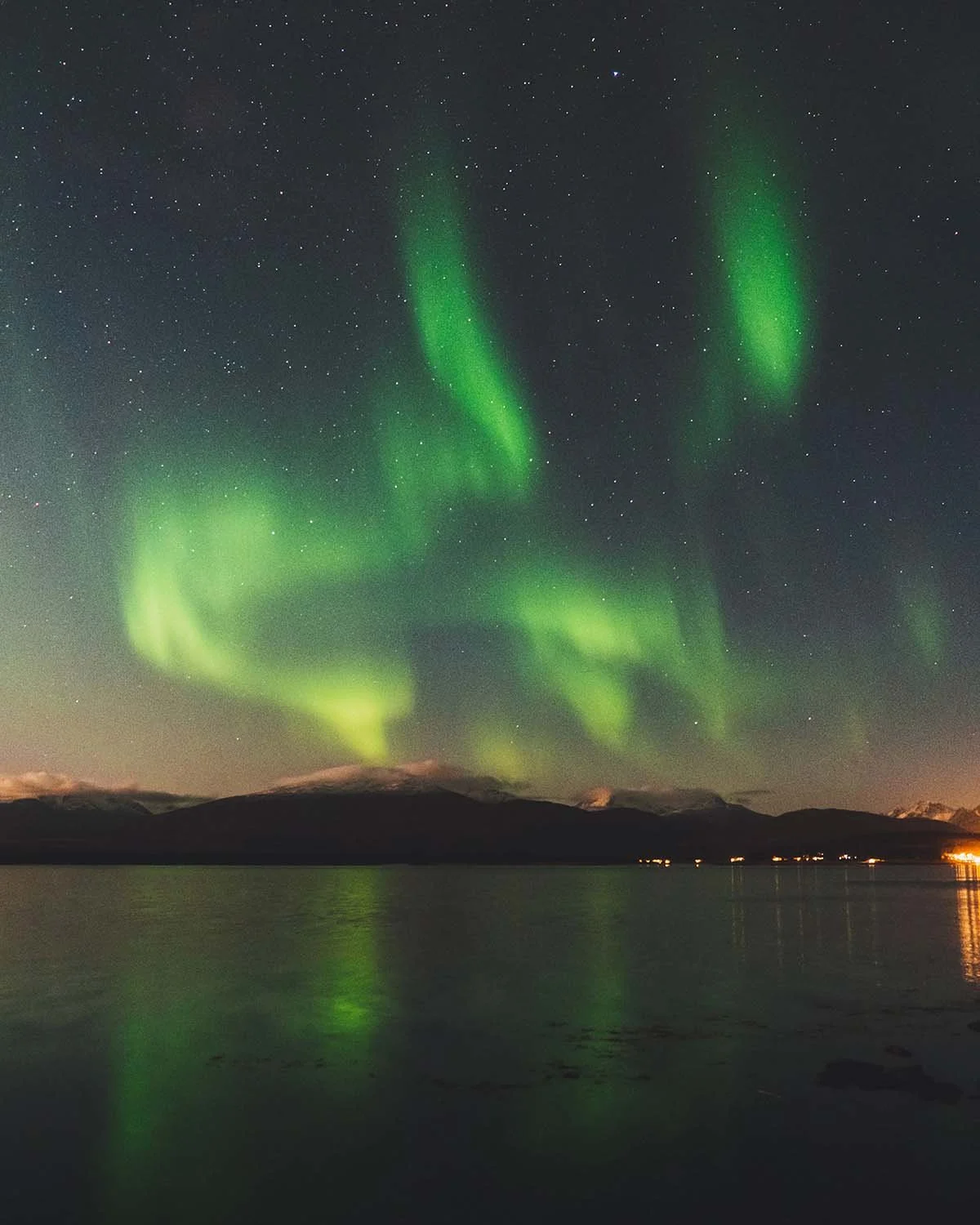 Danse céleste. Les aurores boréales illuminent les fjords d'un vert spectral.