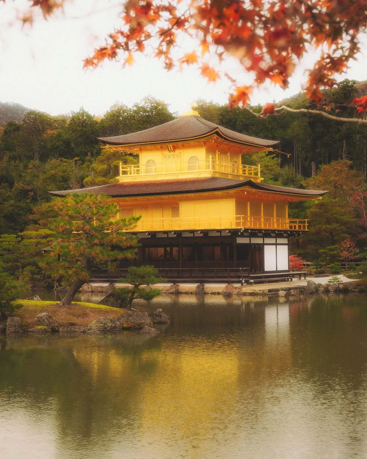Temple d'Or Kinkaku-ji Kyoto architecture zen bouddhiste patrimoine mondial UNESCO. Reflet étang jardin japonais automne feuilles rouges momiji voyage Japon site touristique incontournable.