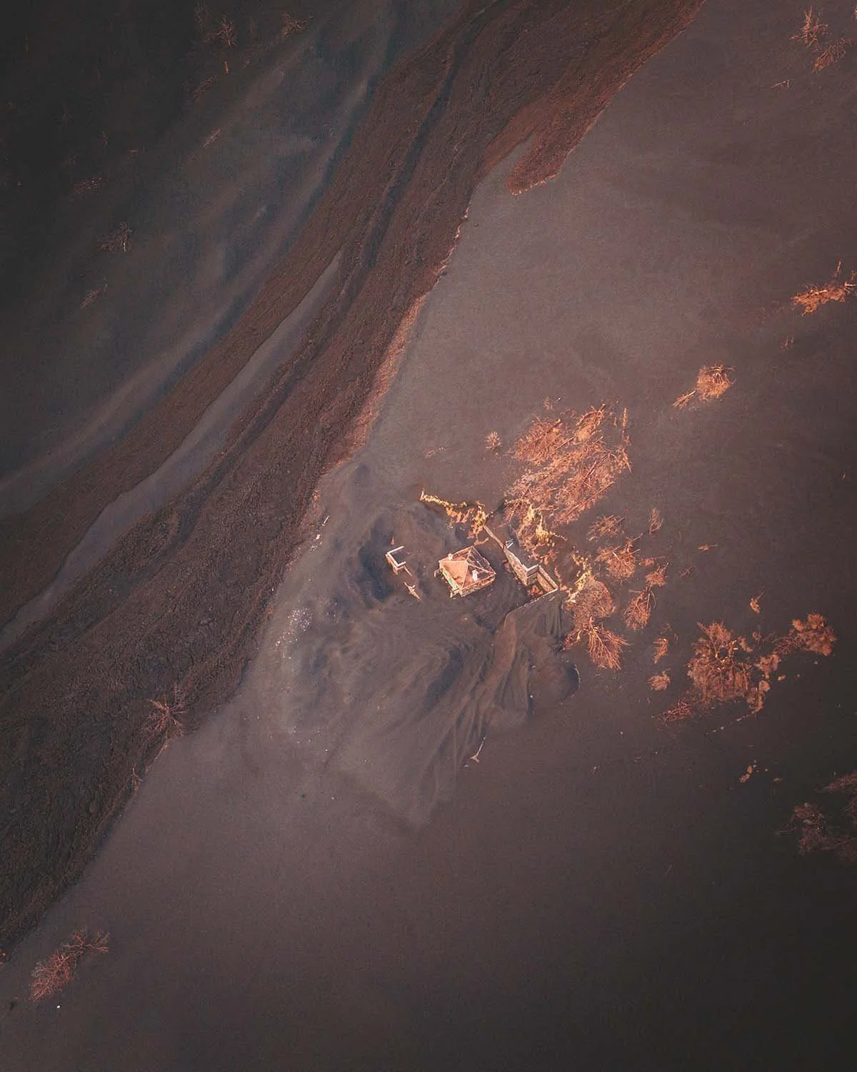 Image poignante d'une maison et d'arbres partiellement ensevelis sous les cendres noires suite à l'éruption du volcan Tajogaite (Cumbre Vieja) à La Palma.