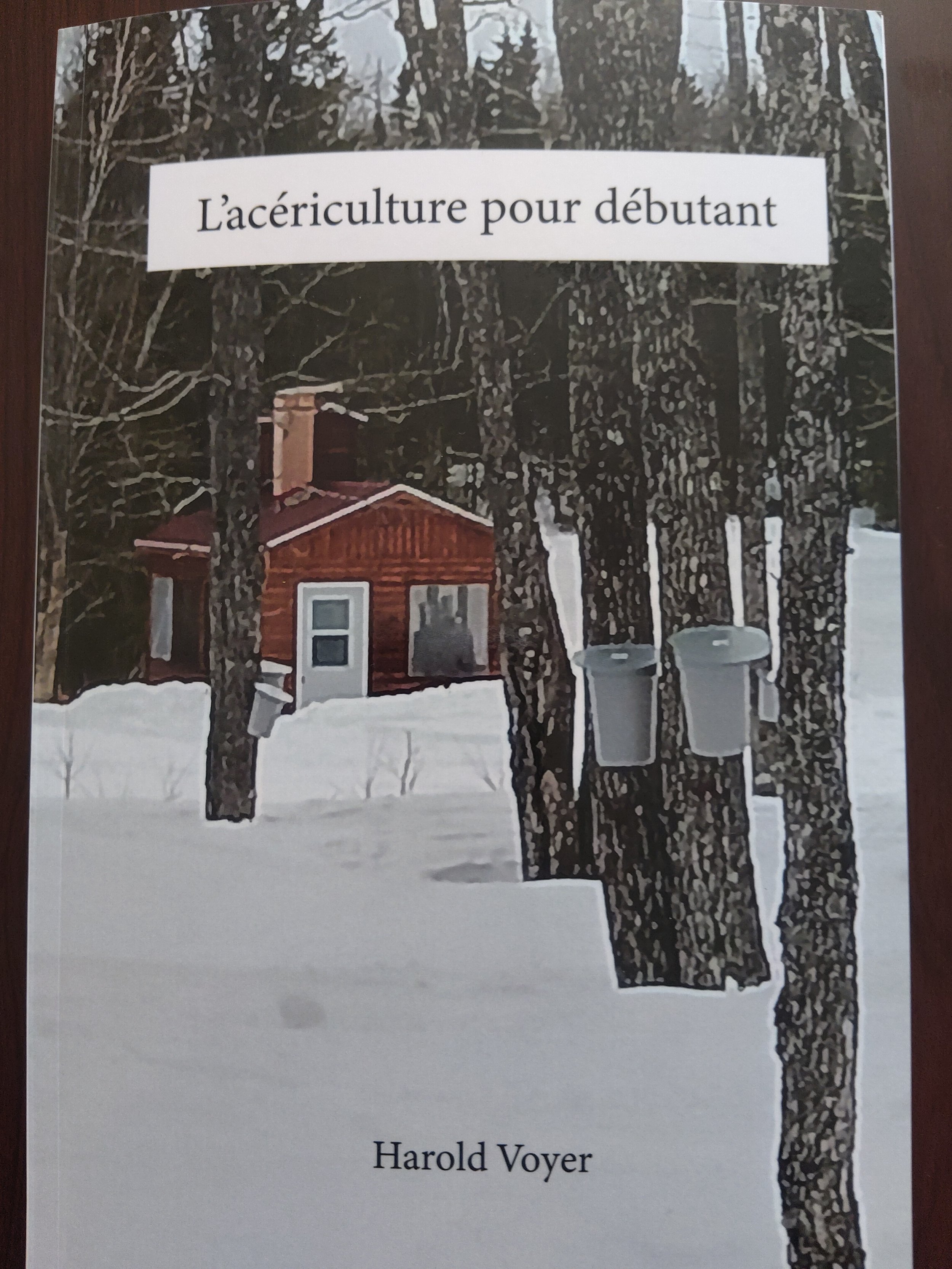 Couverture de livre montrant une cabane en bois dans un paysage enneigé avec des arbres et des boîtes à oiseaux accrochées sur les branches.
