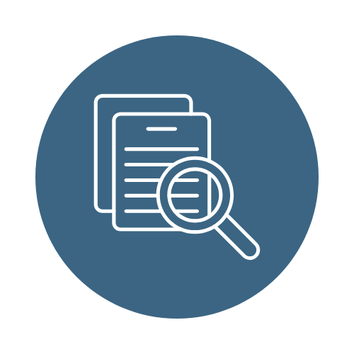 Icon of documents with a magnifying glass, representing document search or review.