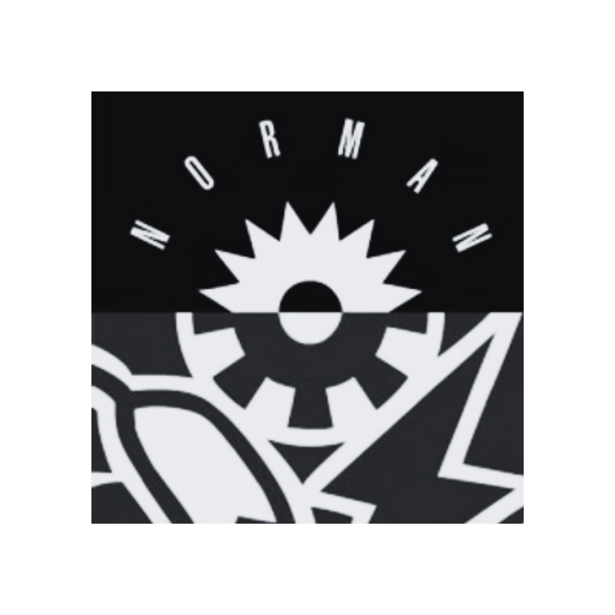 Black and white graphic with the words 'WORLDMAN' arched above a sunburst symbol, part of a design with bold outlines and stylized shapes.