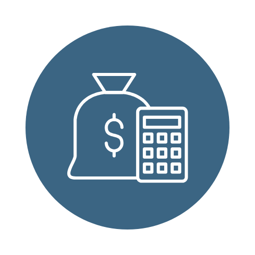 Icon of a money bag with a dollar sign and a calculator on a dark blue circular background.