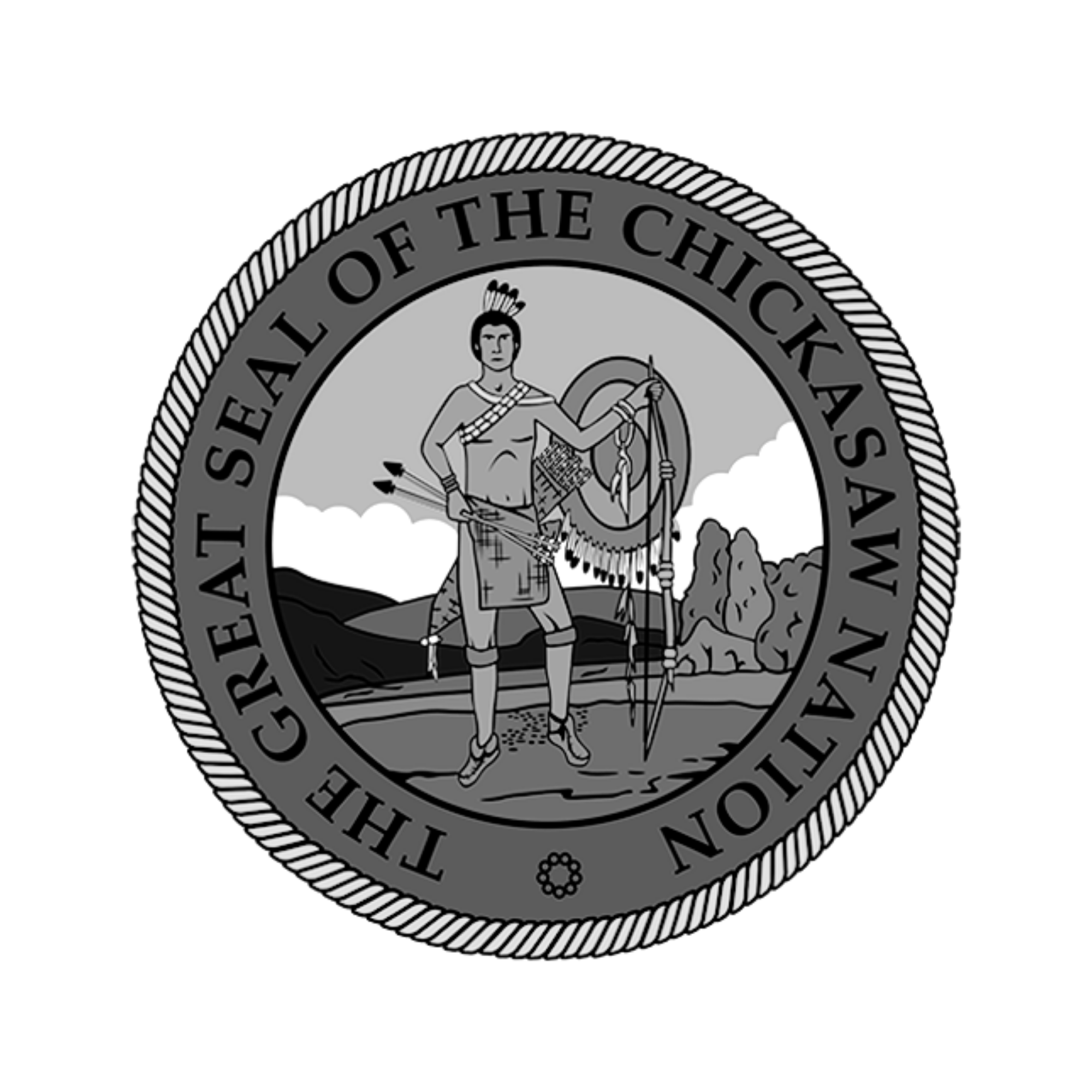 black and white chickasaw nation seal with circular rope border and the words the great seal of the chickasaw nation surrounding a standing chickasaw warrior holding a bow and arrows with a shield behind him set in a landscape with hills and trees