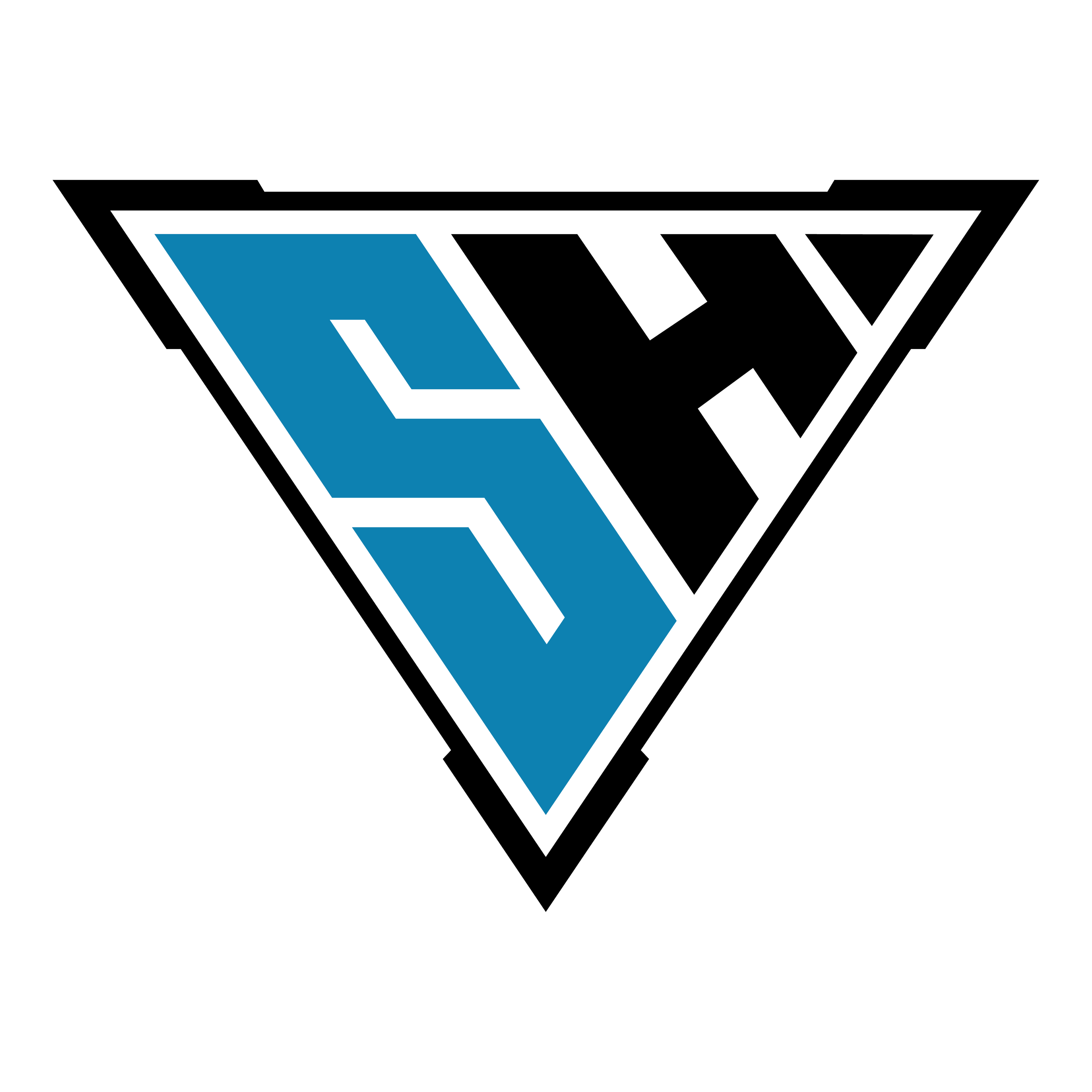 A stylized logo featuring a black triangle with gold outlines and black internal details, intersected by a large blue letter 'S' in a blocky font.