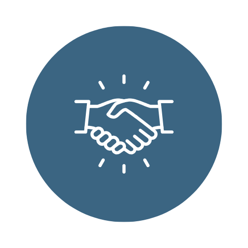 Icon of a handshake inside a blue circle symbolizing agreement or partnership.