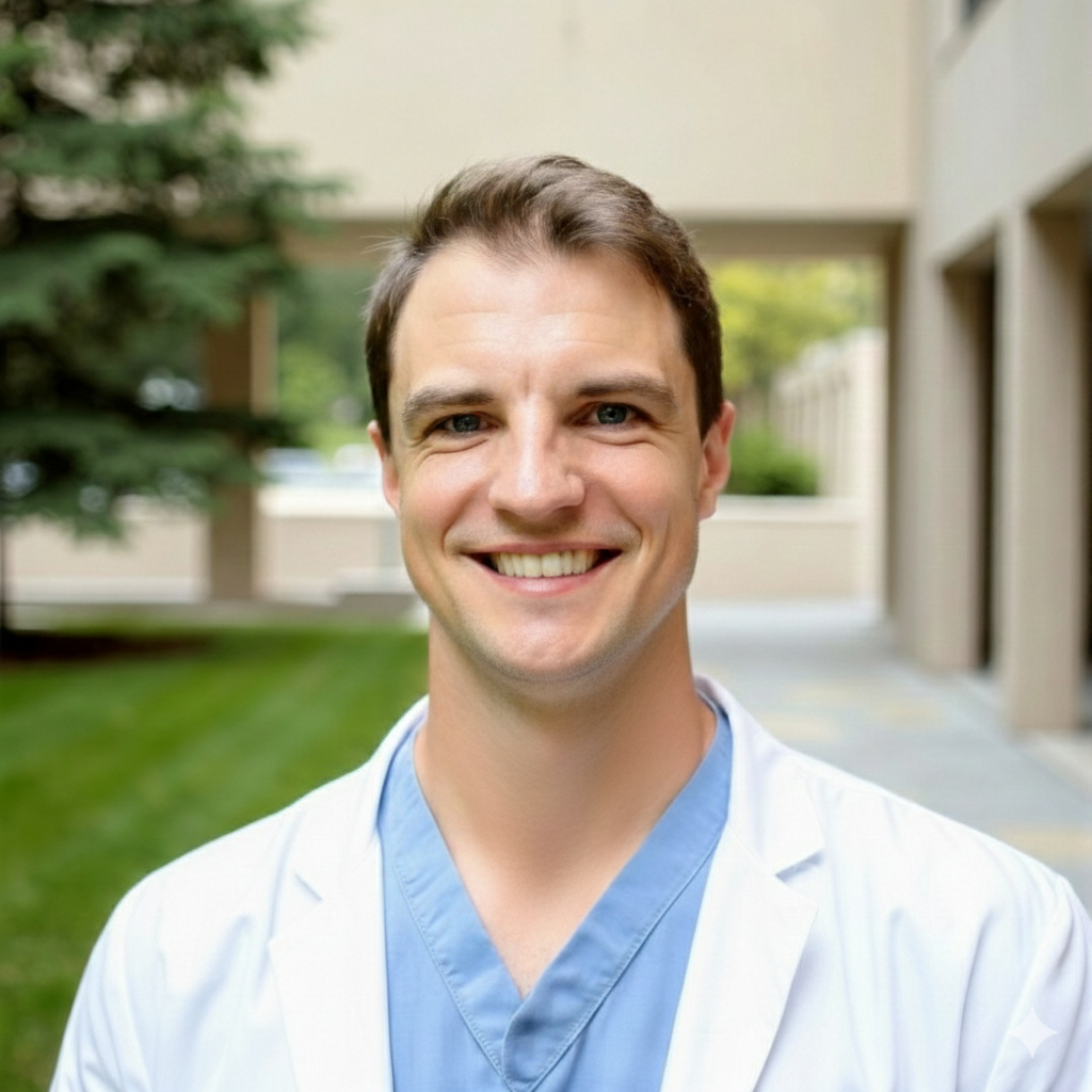 Portrait of a smiling young male doctor or medical professional outdoors, wearing a white coat and blue scrubs.