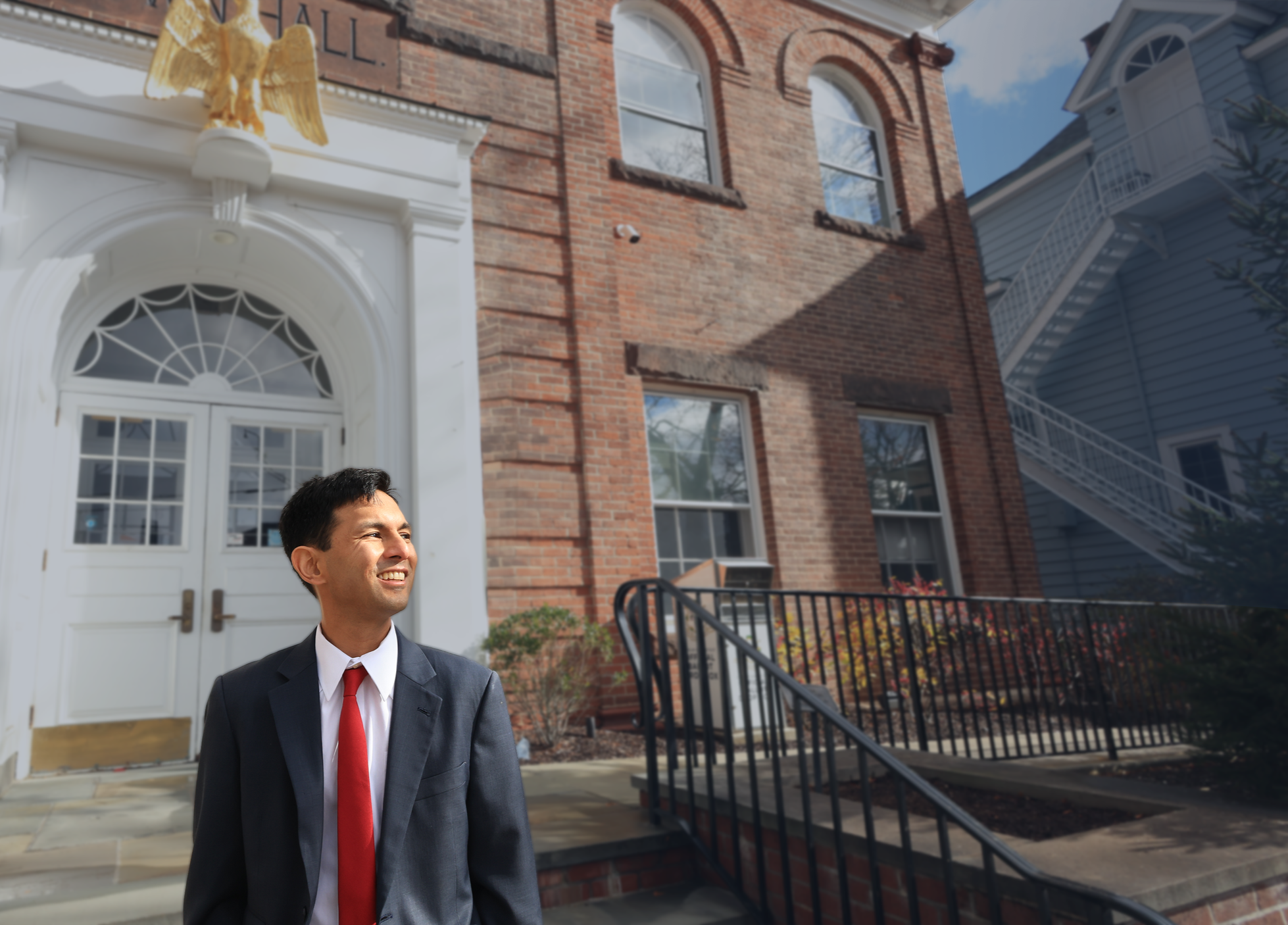 Indra in front of Town Hall in Ridgefield, Connecticut