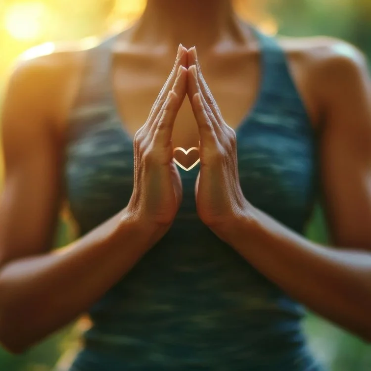 A woman in workout clothes practicing yoga outdoors with hands in prayer position, forming a heart shape with space in between.