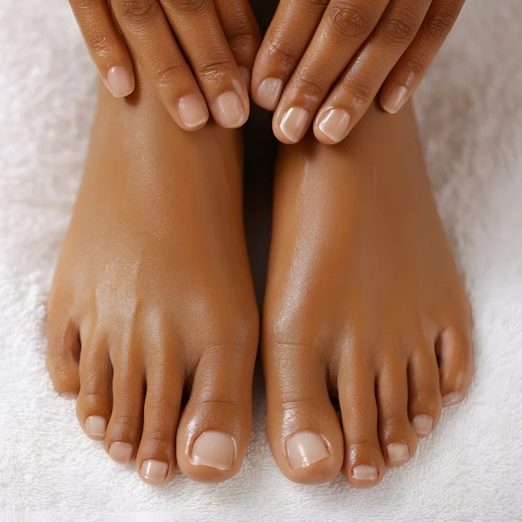 Top view of hands resting on legs, with well-manicured nails and smooth skin.