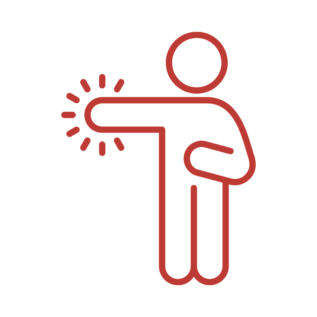 A simple line drawing of a person with an outstretched arm and a small circle with lines radiating from it near the hand, indicating contact or impact.