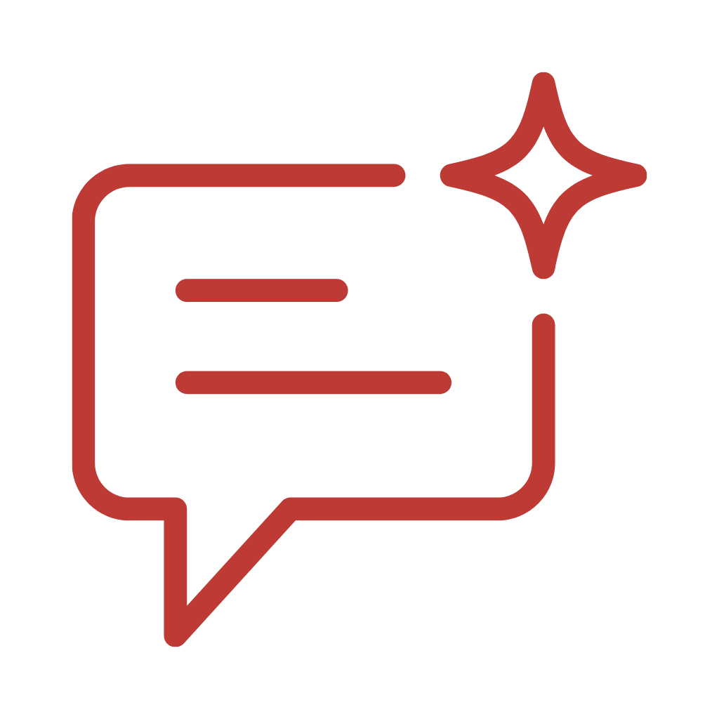 A graphic icon of a speech bubble with lines indicating text and a sparkle symbol at the top right corner.