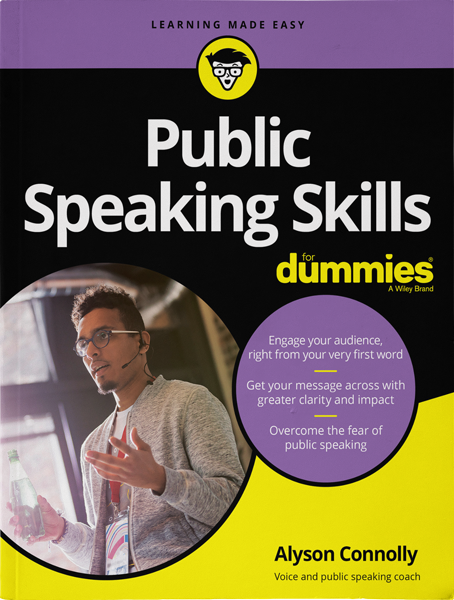 Book cover for 'Public Speaking Skills for Dummies' by Alyson Connolly, featuring a photo of a man giving a speech with hand gestures, and colorful text highlighting key learning points.