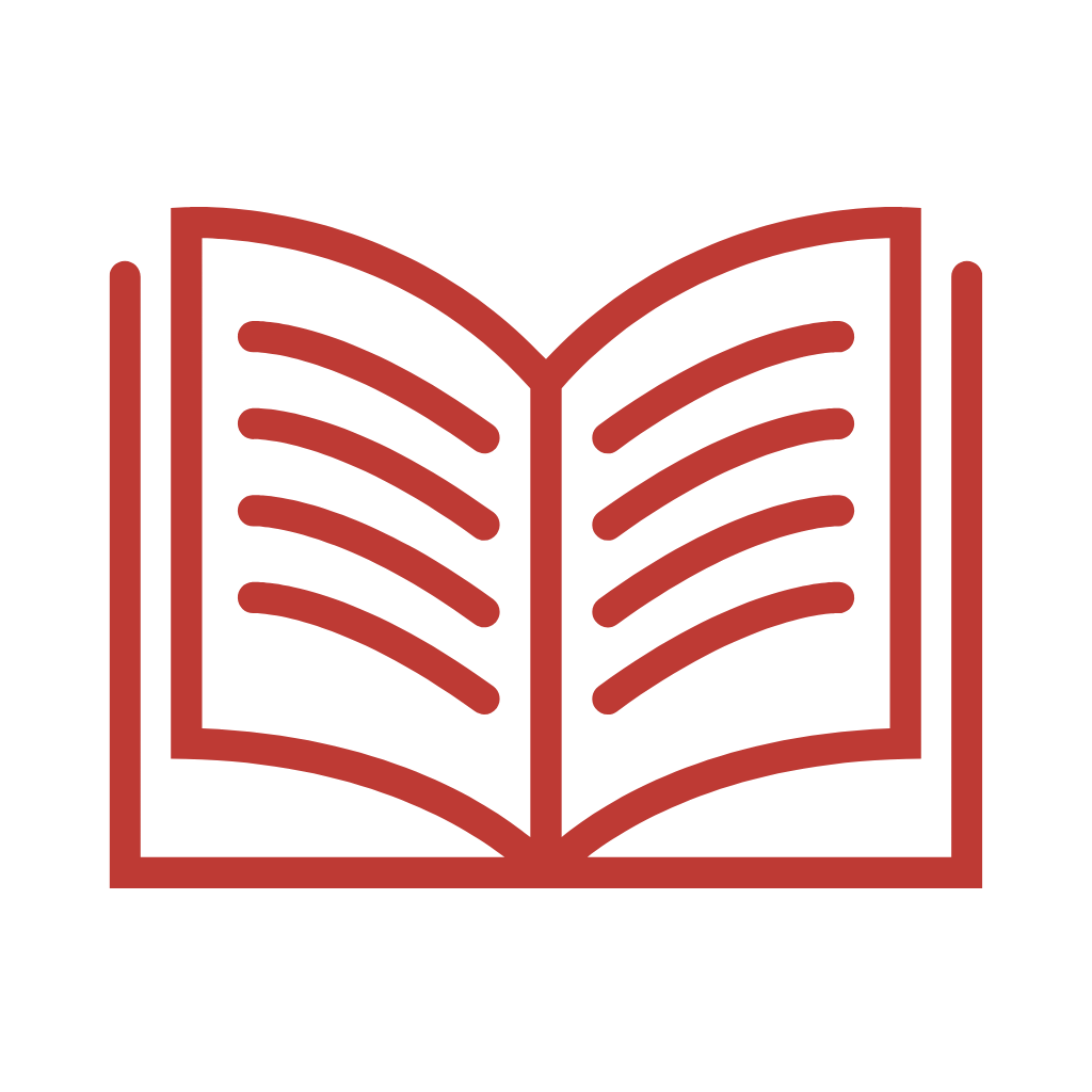 Icon of an open book with curved lines representing pages, in red outline.