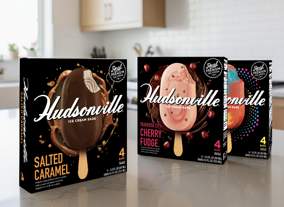 HUDSONVILLE ICE CREAM 
Transformed Hudsonville ice cream packaging into a bold, high-impact system that elevates shelf presence and signals confidence in the novelties space. The result: stronger brand blocking, clearer flavor communication, and impr