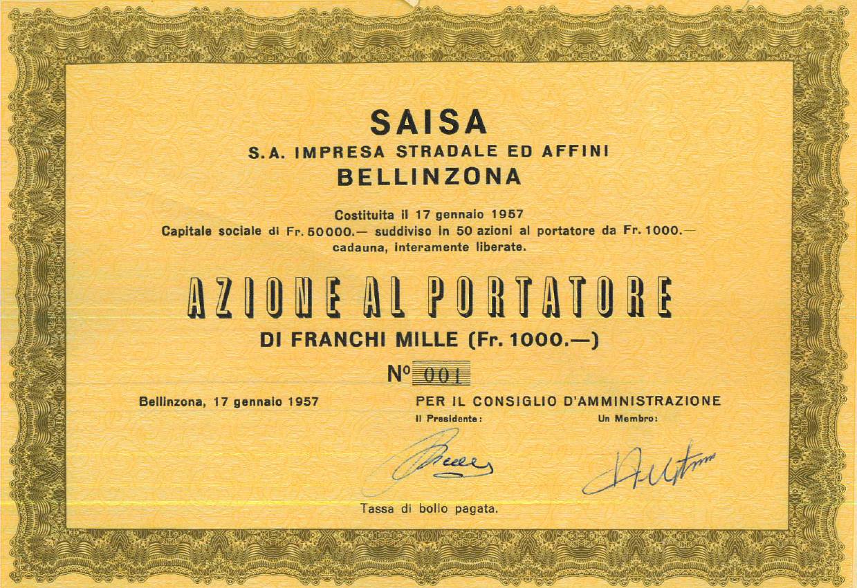Certificato azione al portatore della SAISA Bellinzona, datato 17 gennaio 1957, con firma e numerazione.