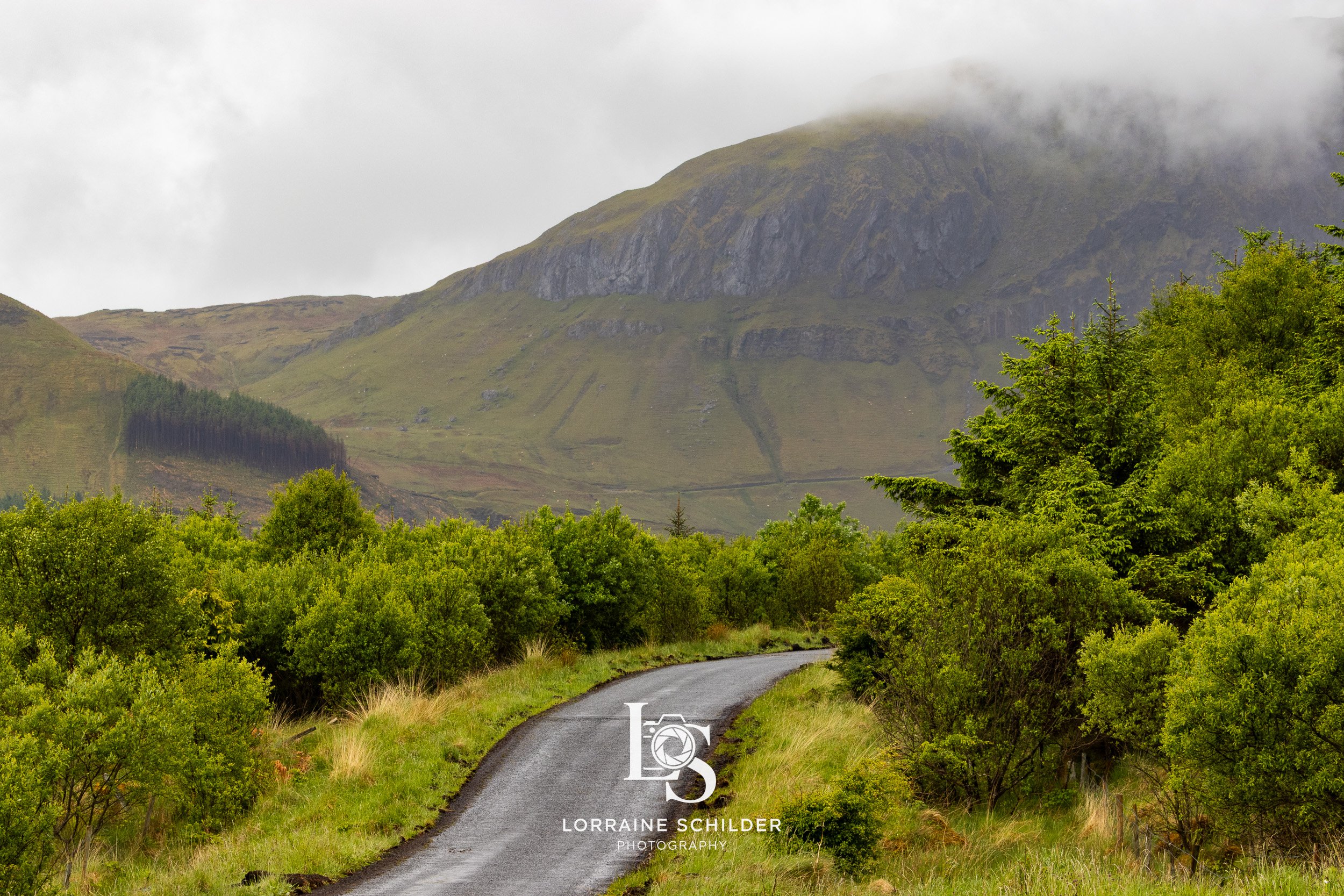 A winding asphalt road running through green bushes and trees with a mountainous landscape in the background, partially covered by clouds. Sligo.