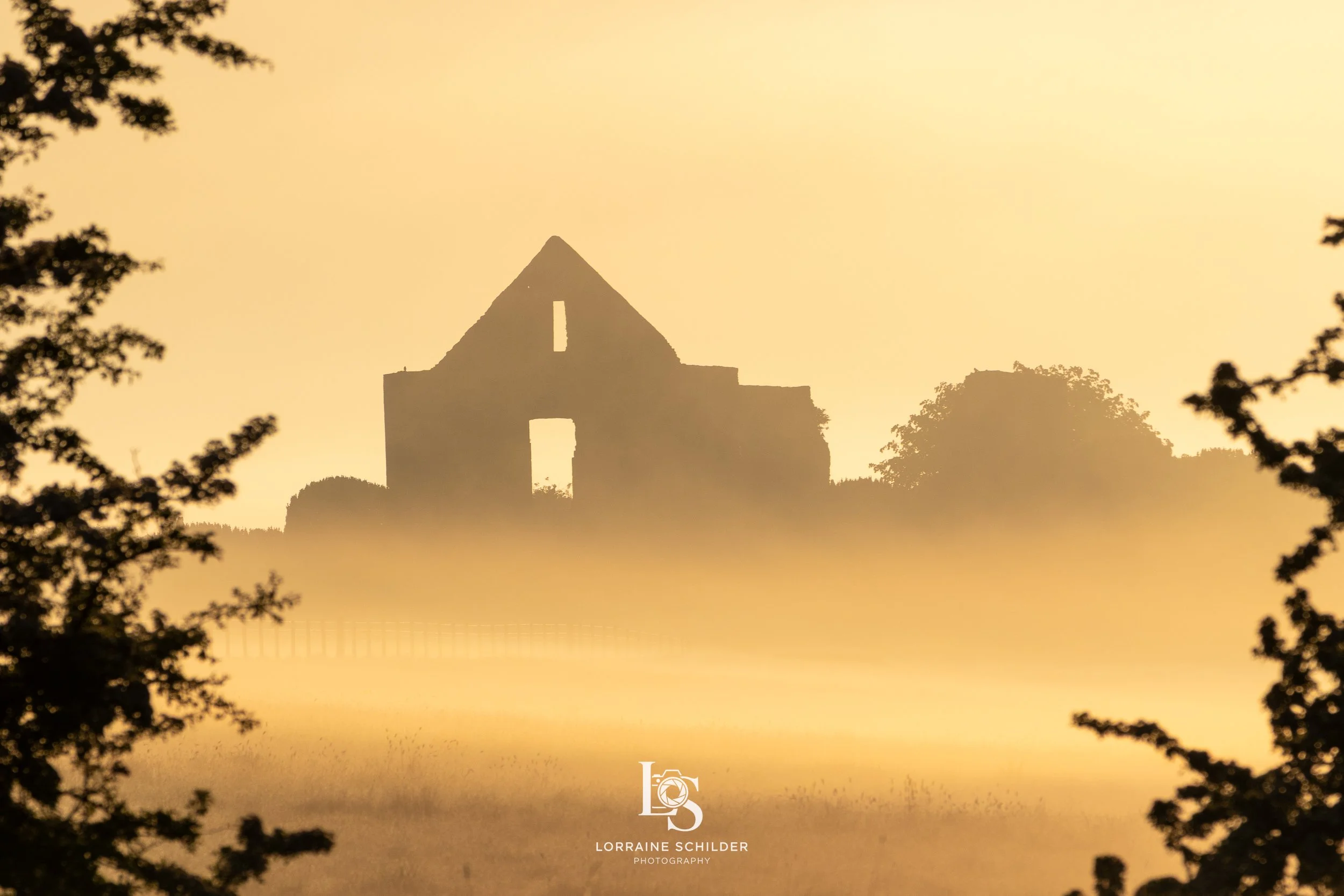 Silhouette of Newtown ruins  with large openings, surrounded by fog and trees at sunrise.
