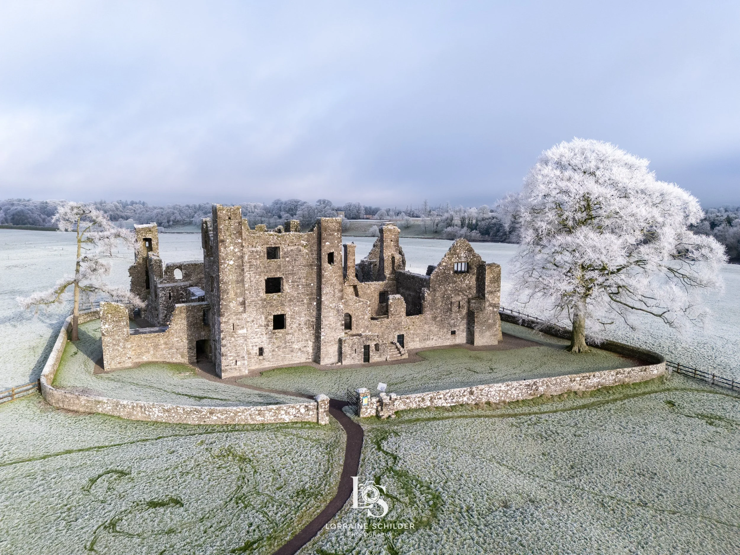 A snowy landscape featuring an ancient stone castle with a large white-frosted tree nearby, surrounded by a low stone wall and open fields under a cloudy sky.