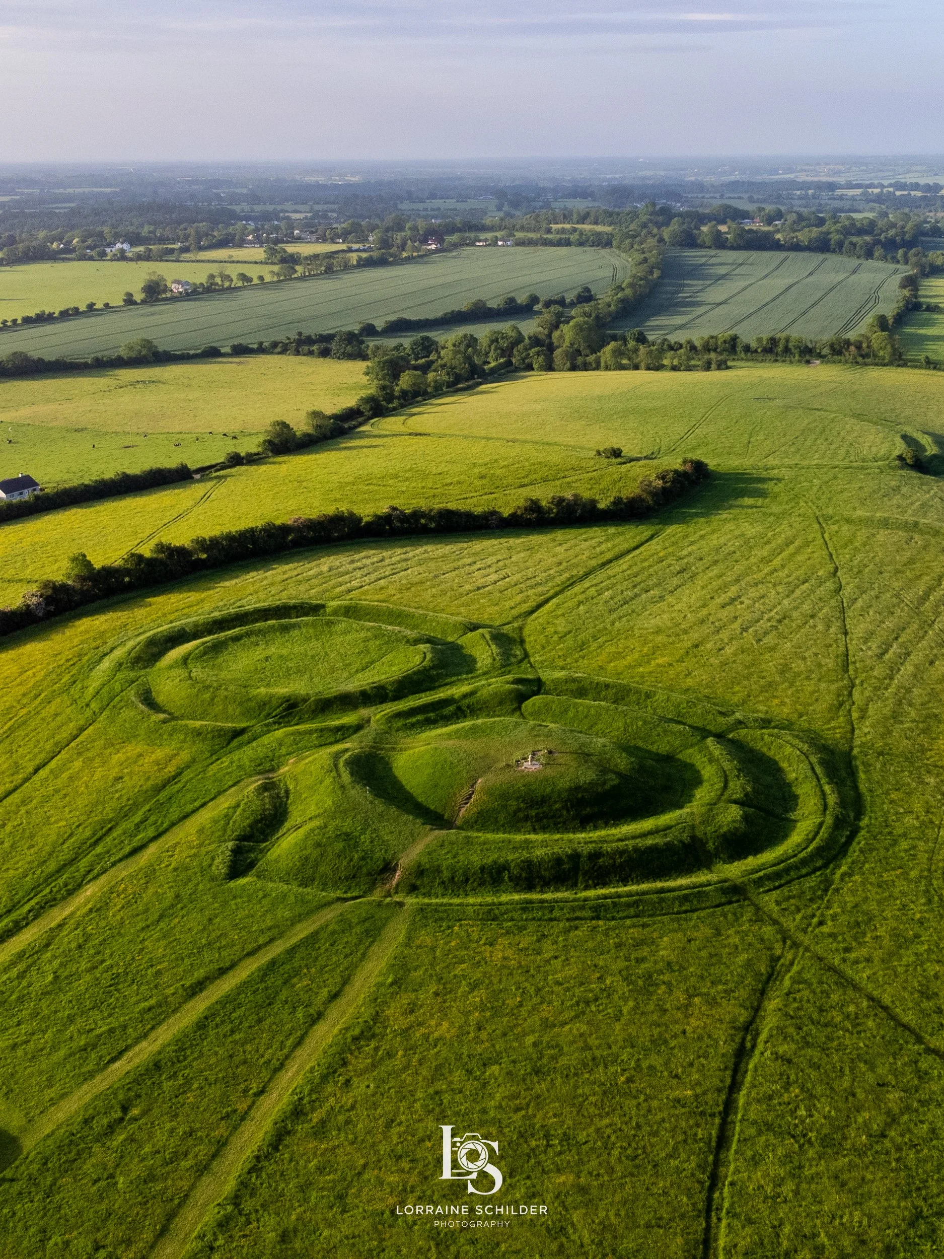 Aerial view of a green landscape with a circular and spiral-shaped ancient burial mound surrounded by fields and scattered trees.