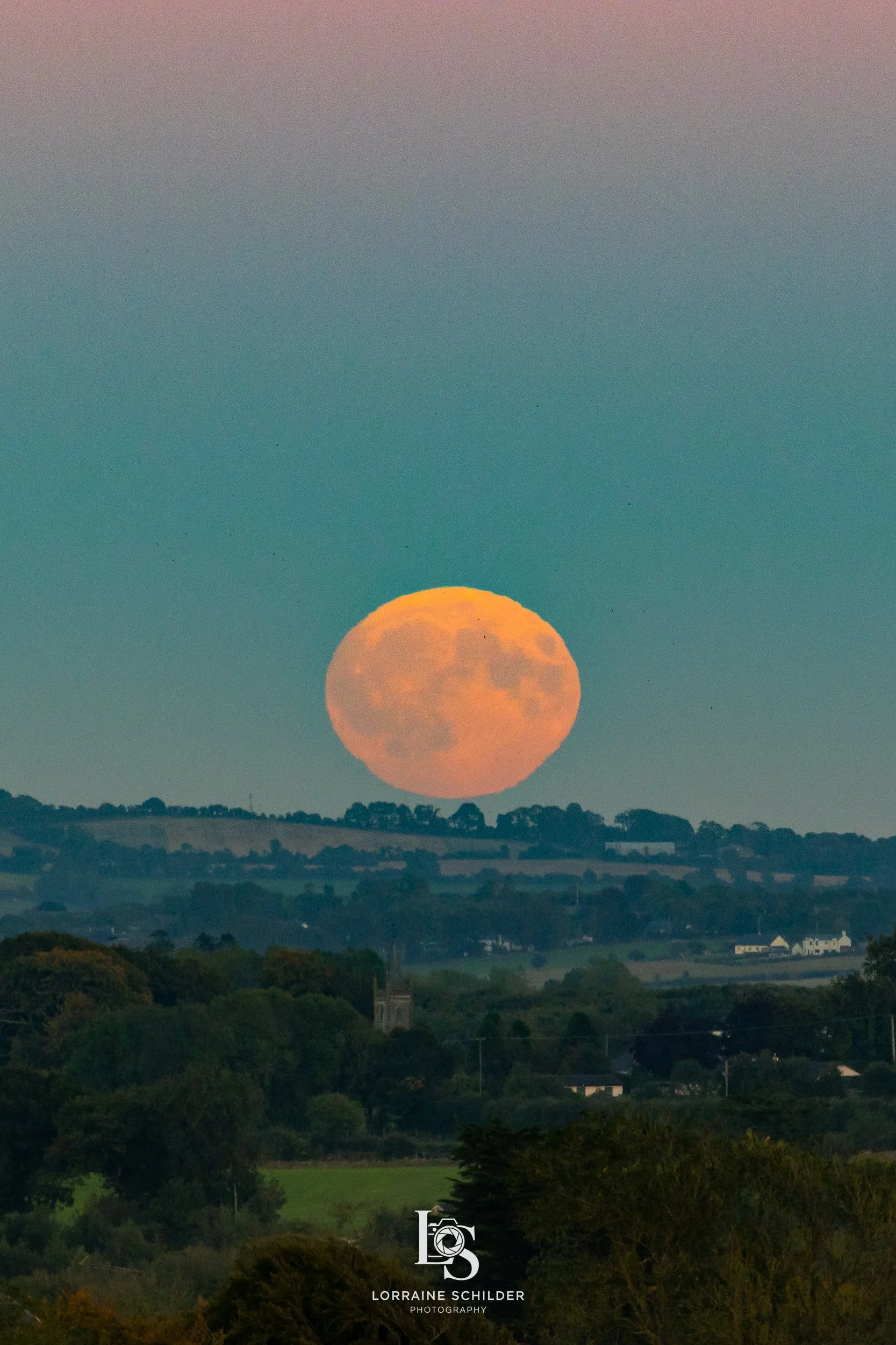 A full moon rising over a rural landscape with trees, houses, and a church steeple.