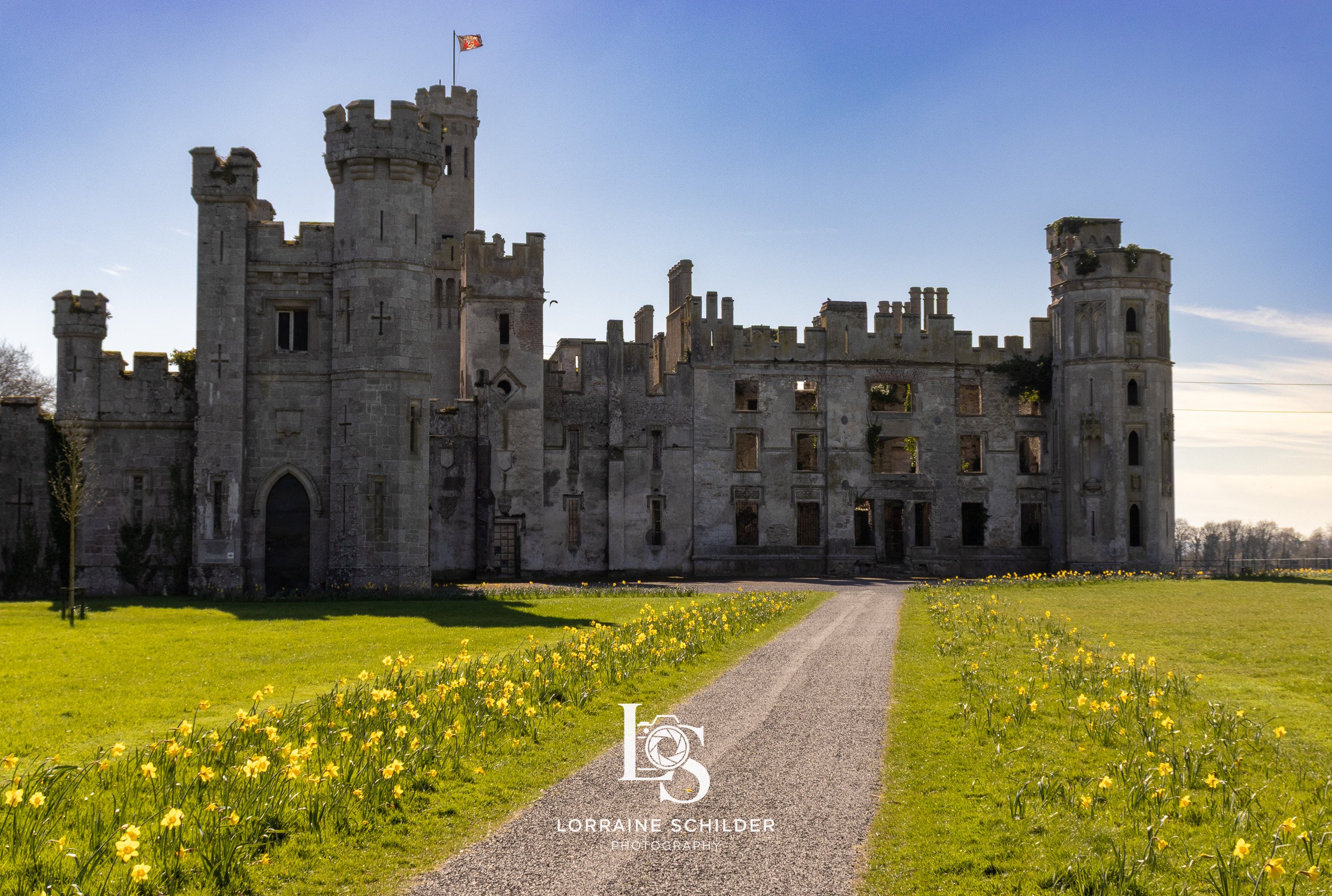An old stone castle with towers and battlements, set amidst a green lawn and yellow flowers, under a clear blue sky. Carlow.