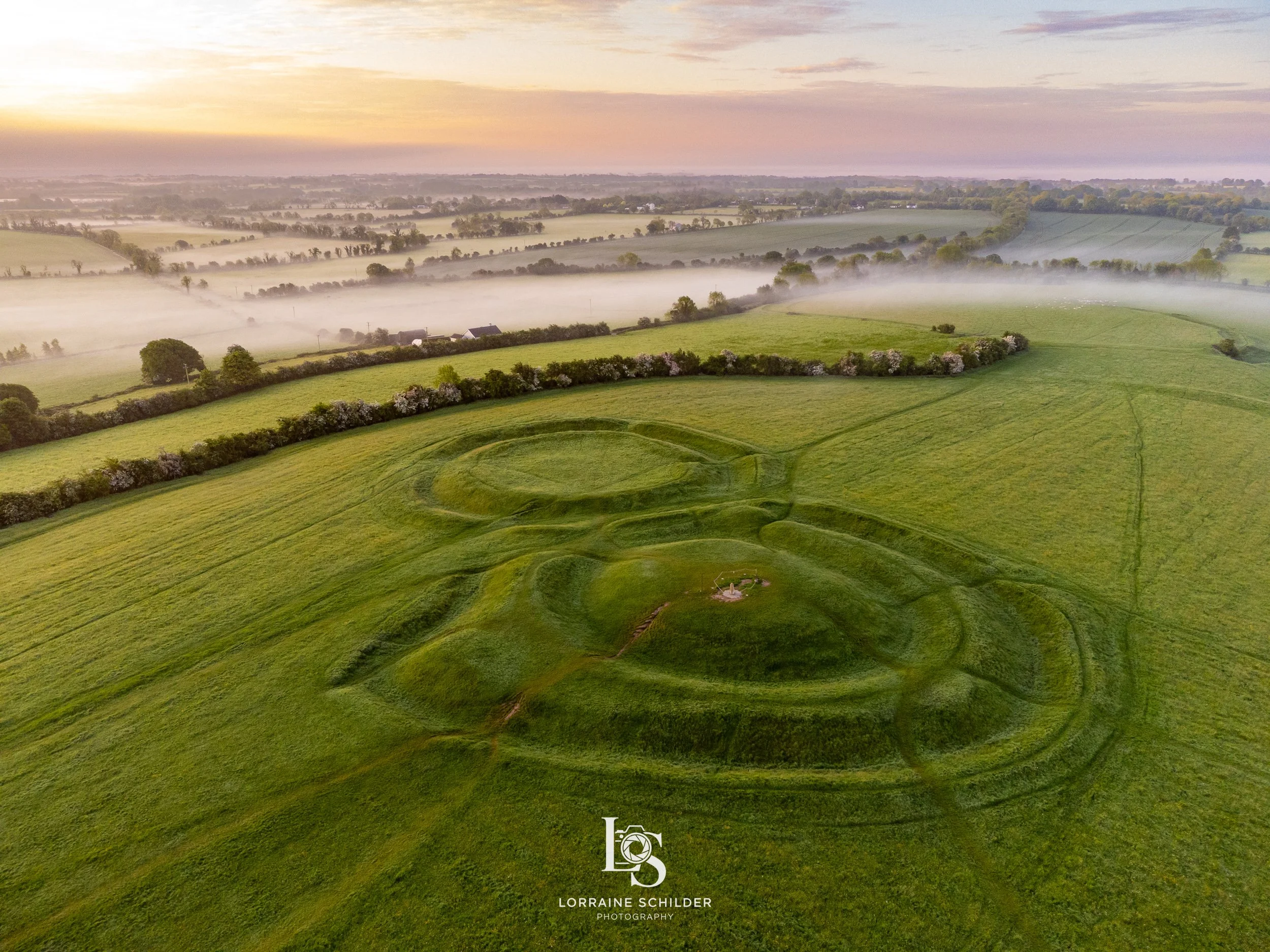 A green field with a maze-like pattern in the foreground, surrounded by trees. Fog hovers over distant fields, with a sunrise sky overhead.
