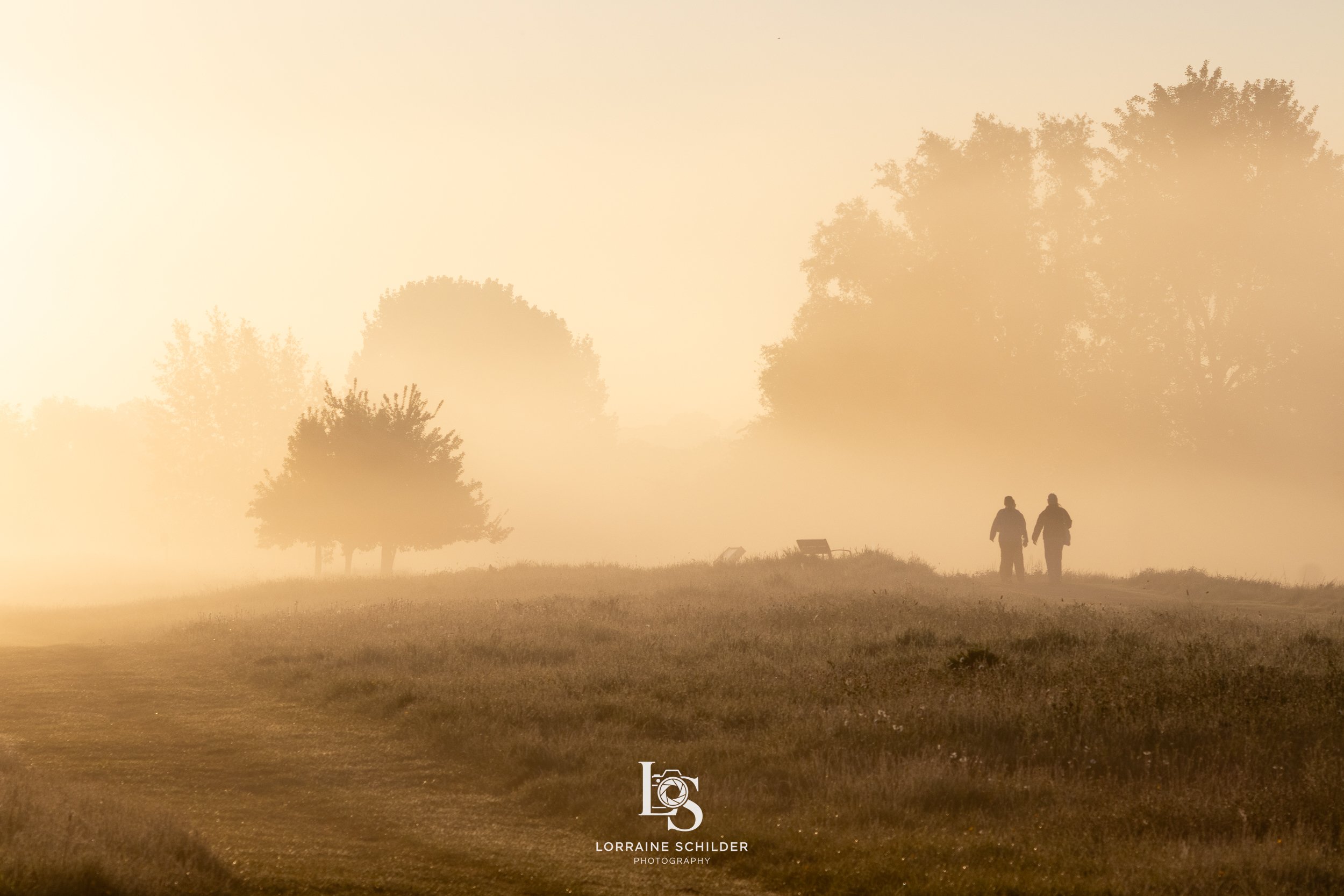 Two people walking on a foggy park path at sunrise with trees and benches in the background. Trim, Meath.