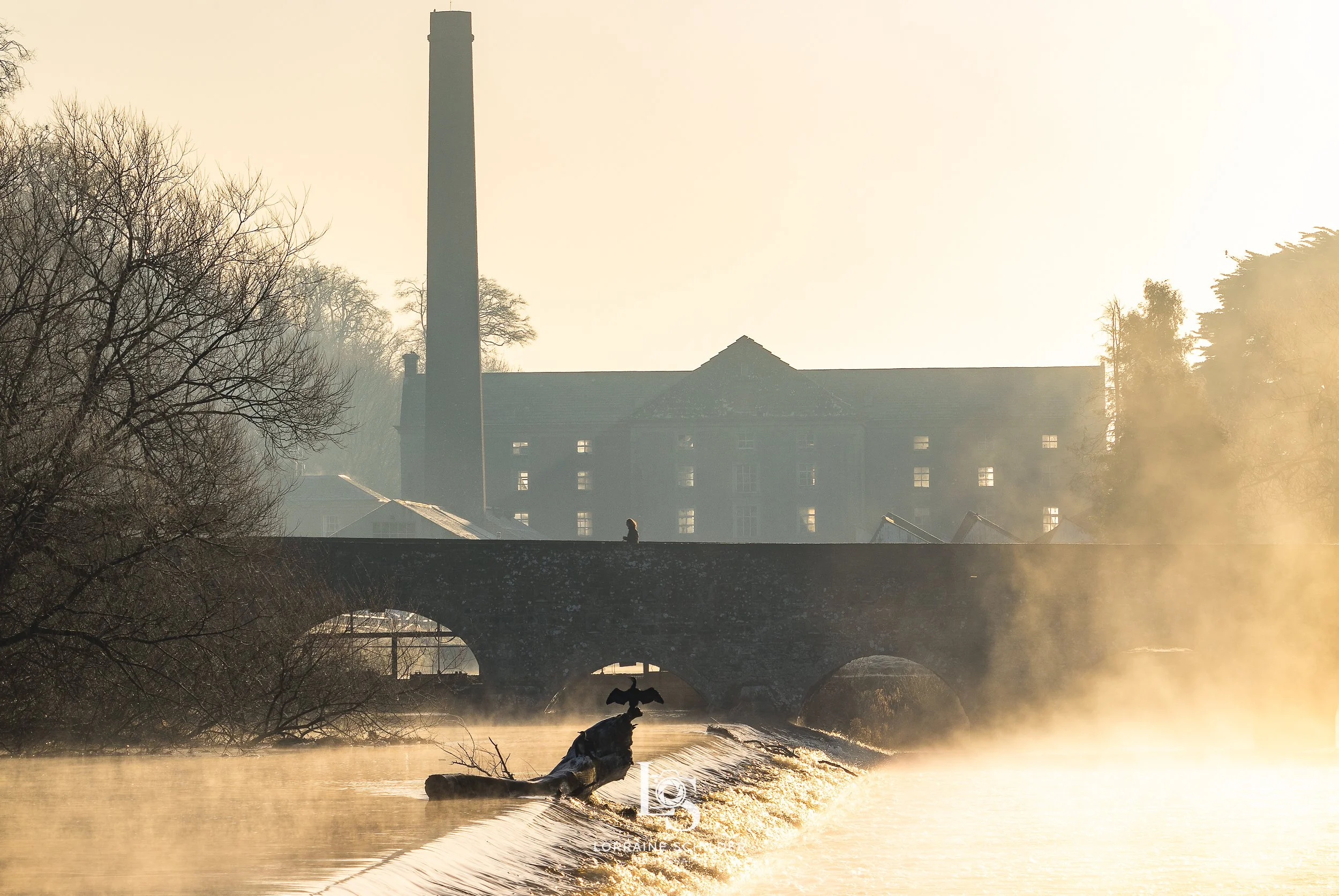 A misty river scene at sunrise with a stone bridge, a statue of a fish on a log in the water, and an industrial building with a tall chimney in the background.  Slane, Meath.