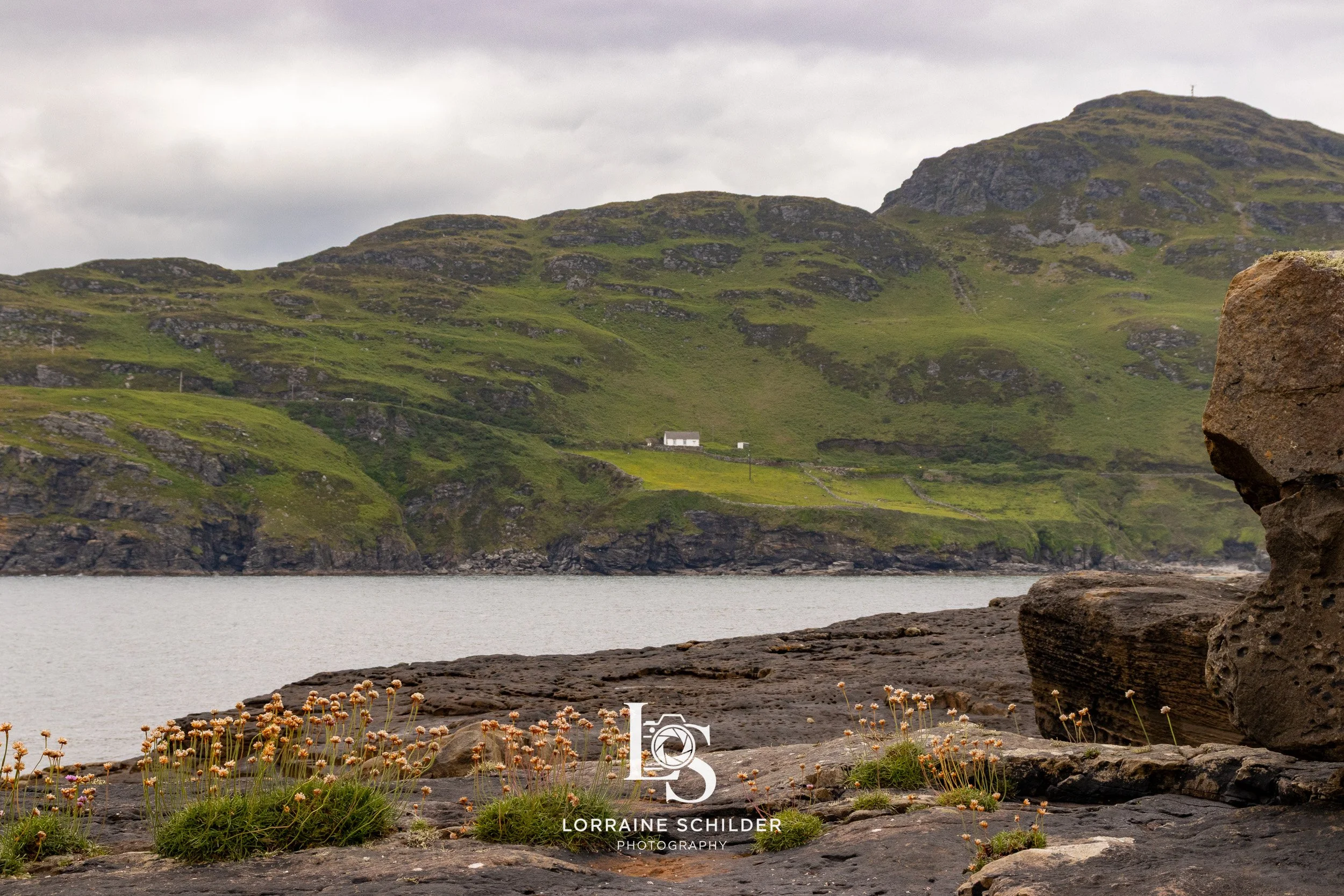 Landscape view of green hills and rocky coastline, with a small white house visible on the hillside across the water, rocks and wildflowers in the foreground, and cloudy sky overhead.  Donegal.