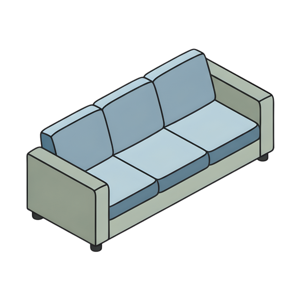 Illustration of a modern three-seater sofa with blue cushions and green arms and frame.
