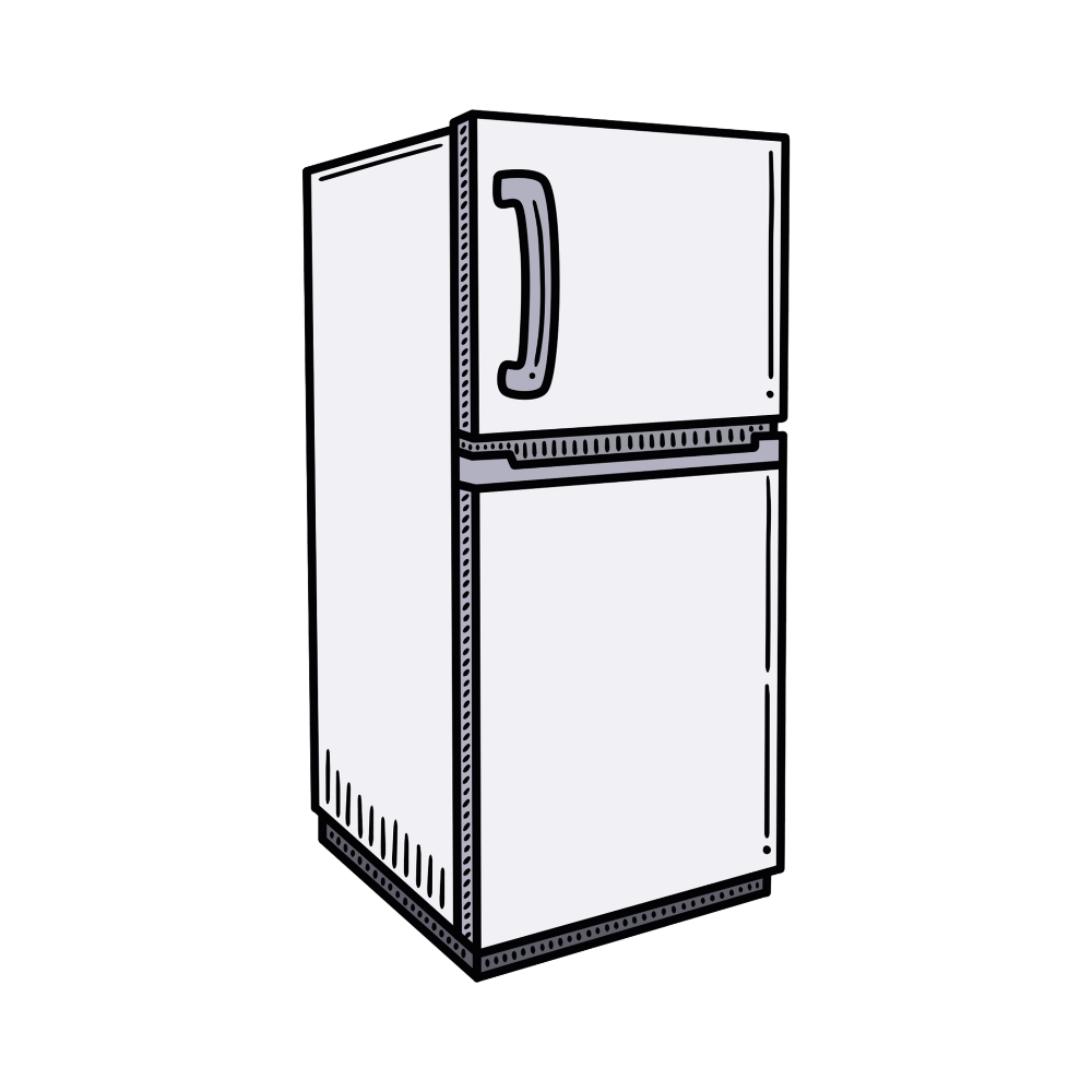 Drawing of a two-door refrigerator with a handle on the upper door, depicted in a simple, cartoon style.
