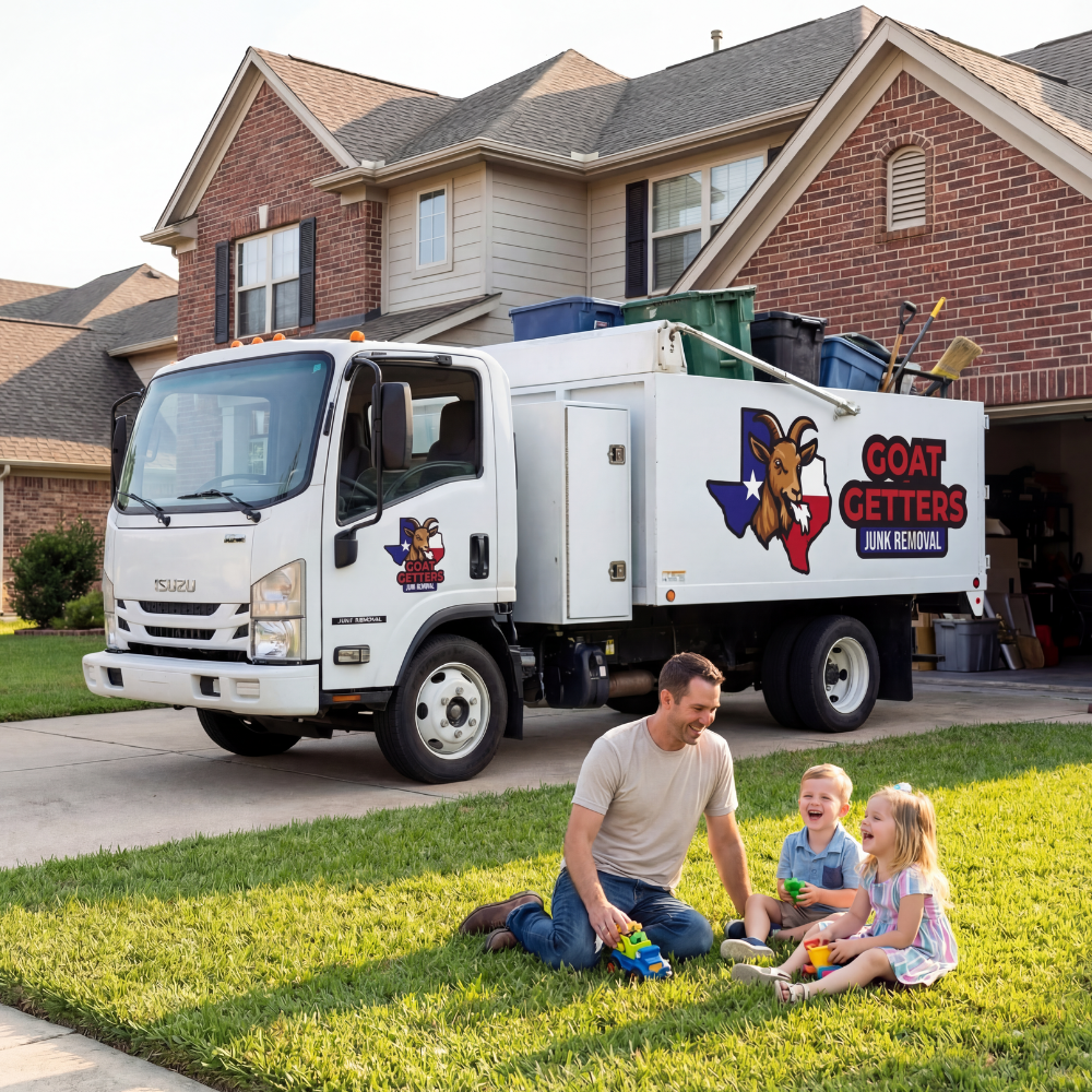 A junk removal truck with the logo of GOAT GETTERS featuring a cartoon goat inside the outline of Texas, parked in front of a house. In the yard, a father and two children are sitting on the grass, playing and laughing.