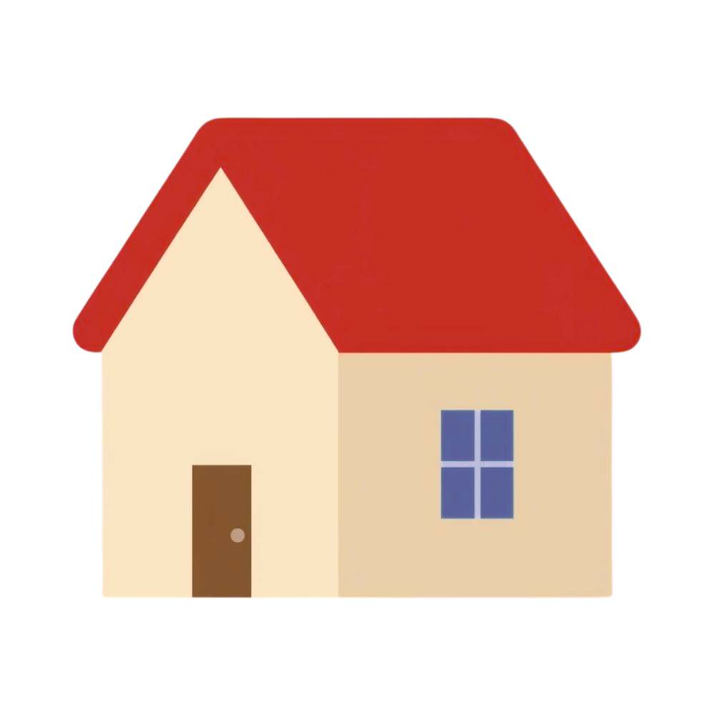 A simple illustration of a house with a red roof, beige walls, a brown door, and a blue window.