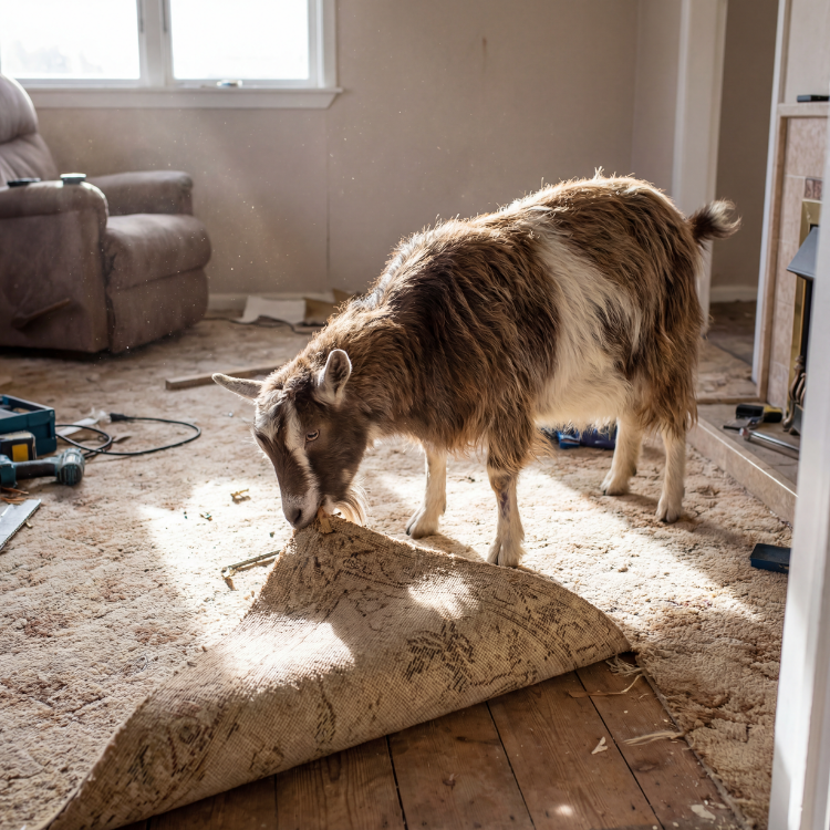 A goat on a carpet in a messy room, lifting a corner of the carpet with its mouth.