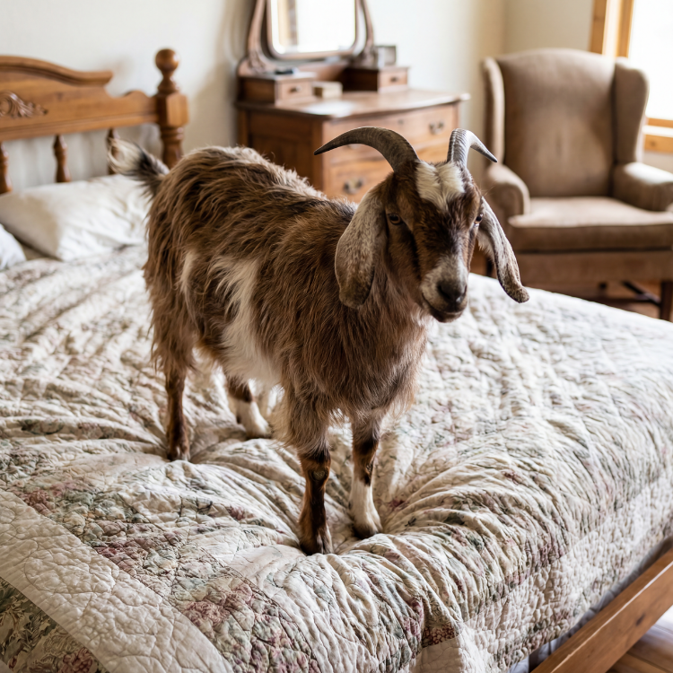 A goat standing on a quilted bedspread in a bedroom with wooden furniture and a beige armchair.
