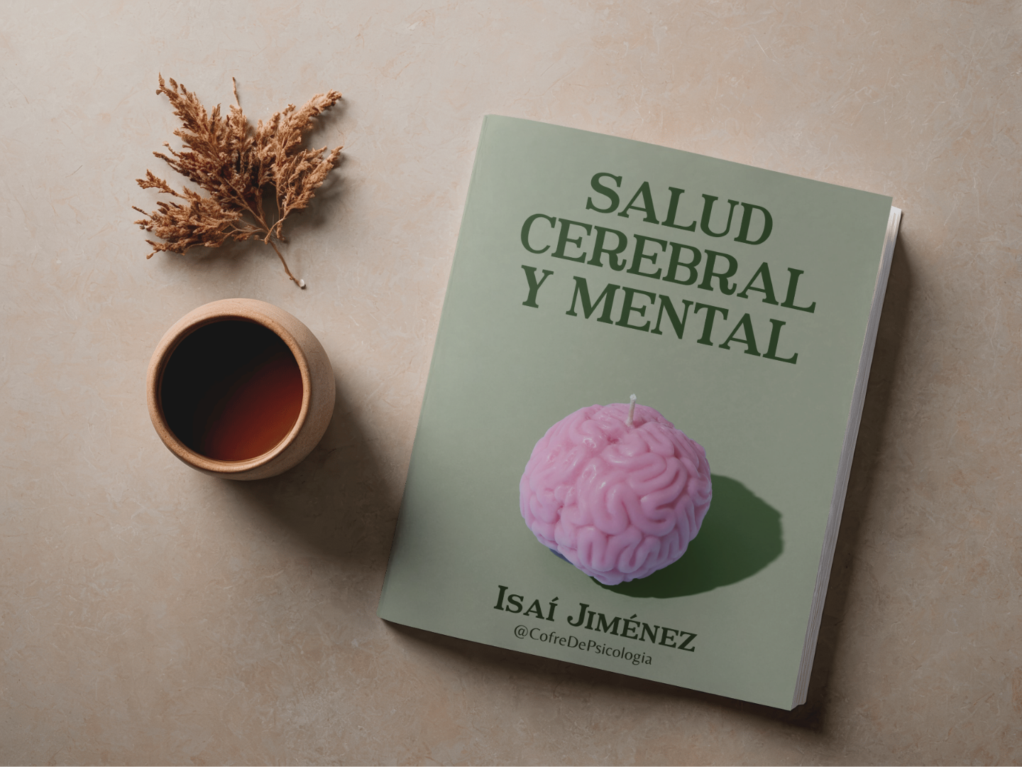 Libro titulado 'Salud cerebral y mental' con una ilustración de un cerebro en forma de vela en la portada, acompañado de una taza de café, una ramita seca y una taza sobre una superficie beige.