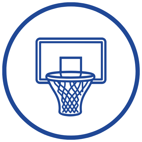 Outline of a basketball hoop with net, inside a blue circle