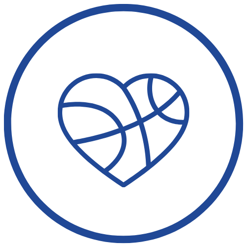 A blue outline of a heart-shaped basketball inside a circle.