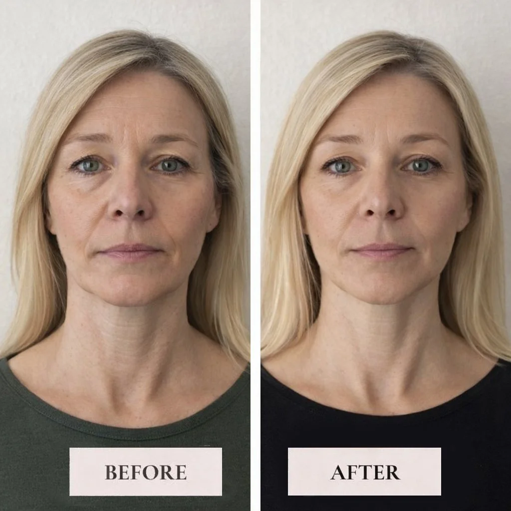 Side-by-side comparison photo of a middle-aged woman with blonde hair, showing her face before and after a skincare treatment. The left side is labeled 'BEFORE' and the right side 'AFTER'.