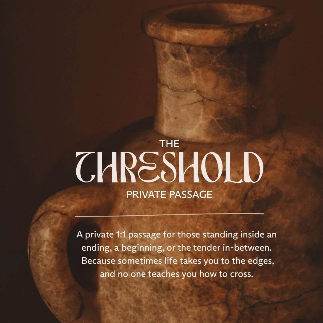 Close-up of an ancient pottery vessel with text overlay about 'The Threshold' and 'Private Passage,' describing a metaphorical journey through life's edges and beginnings.