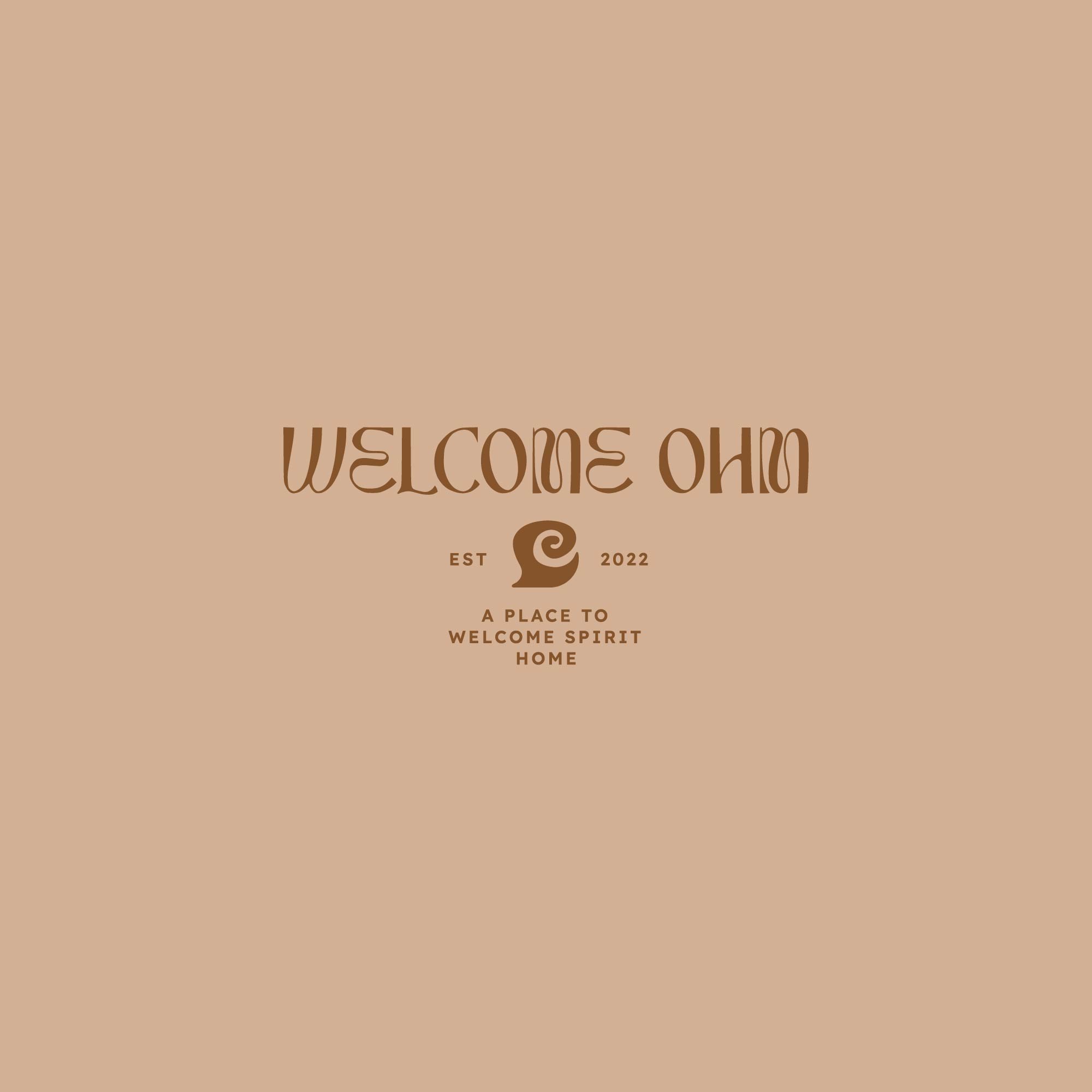 A beige background with welcoming text that says "Welcome Ohio" and an image of a spiral horned animal head. Below, it says "Est 2022" and "A place to welcome spirit home."