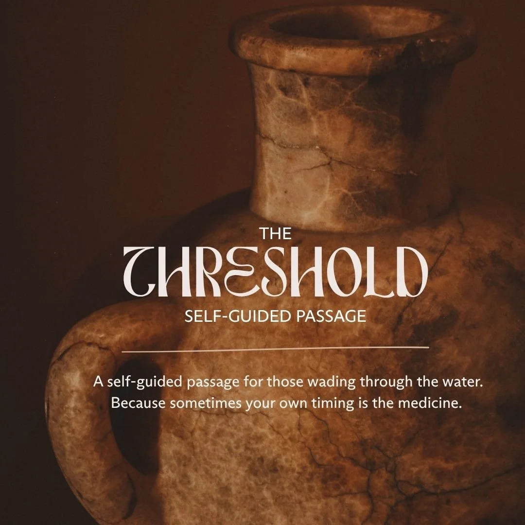 Close-up of a large, ancient-looking clay vessel or urn with cracks, set against a dark background. Overlaid text reads 'The Threshold Self-Guided Passage,' with a subtitle explaining it as a self-guided passage for those wading through water, emphasizing that their own timing is the medicine.