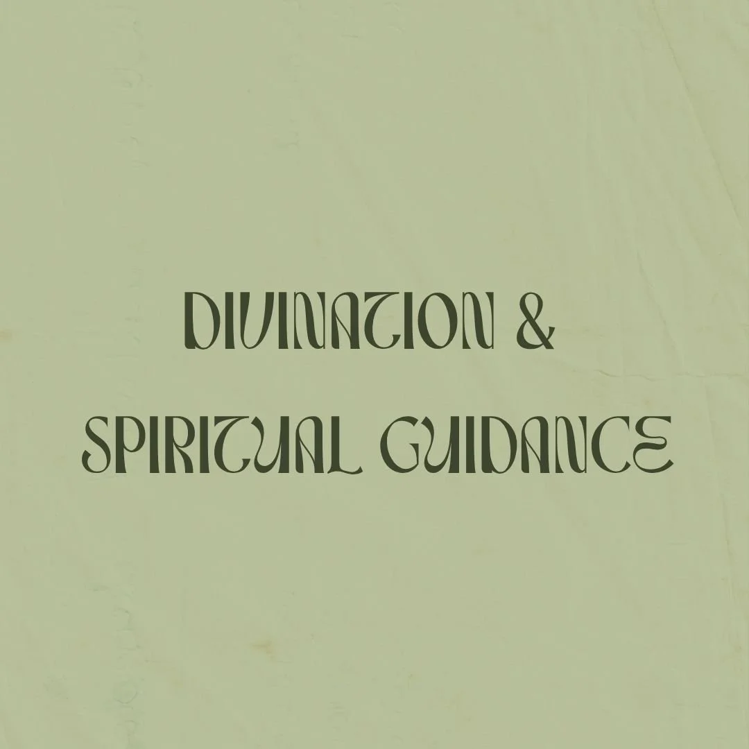 Text on a pale green background that reads "Divination & Spiritual Guidance" in stylized black font.