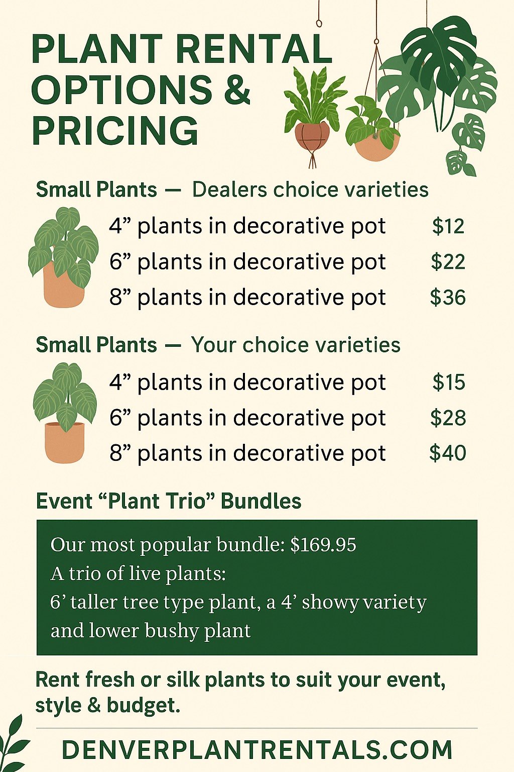 A plant rental price list featuring small plants in decorative pots of various sizes, with prices listed for dealer choice and customer choice options. The list also promotes a bundle deal for a plant trio called 'Plant Trio' Bundles.