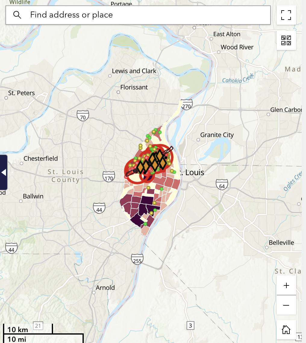 Map visualization of St. Louis City Tornado Recovery from Civic Insight data work