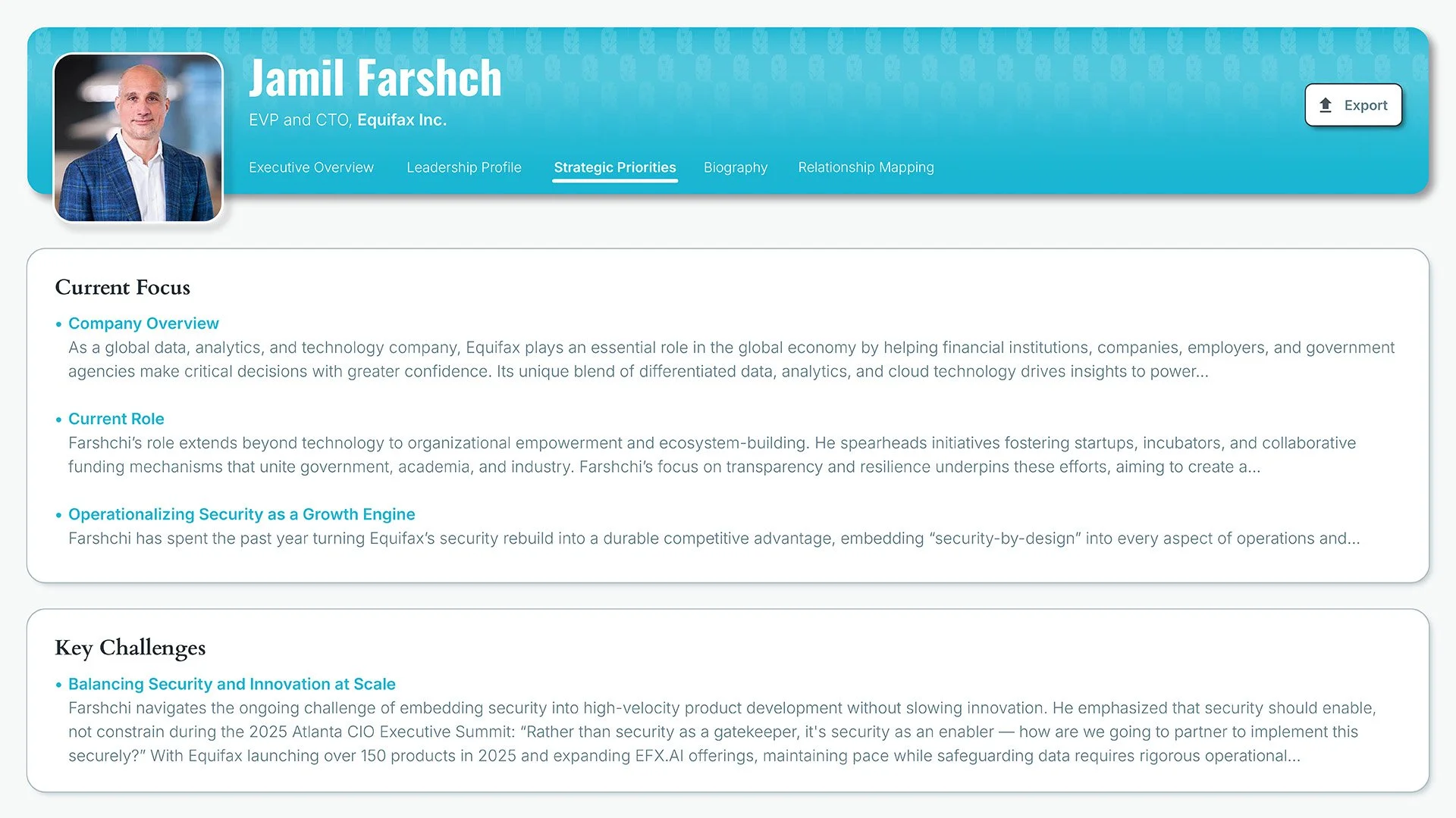 Sample executive profile with photo, name, titles, and navigation menu with sections like Executive Overview, Leadership Profile, Strategic Priorities, Biography, and Relationship Mapping. The page includes information about his current focus, key ch