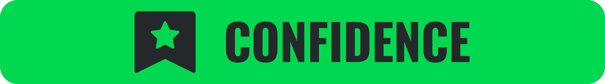 Green rectangular badge with black icon of a star on a bookmark and the word "Confidence" in black text.