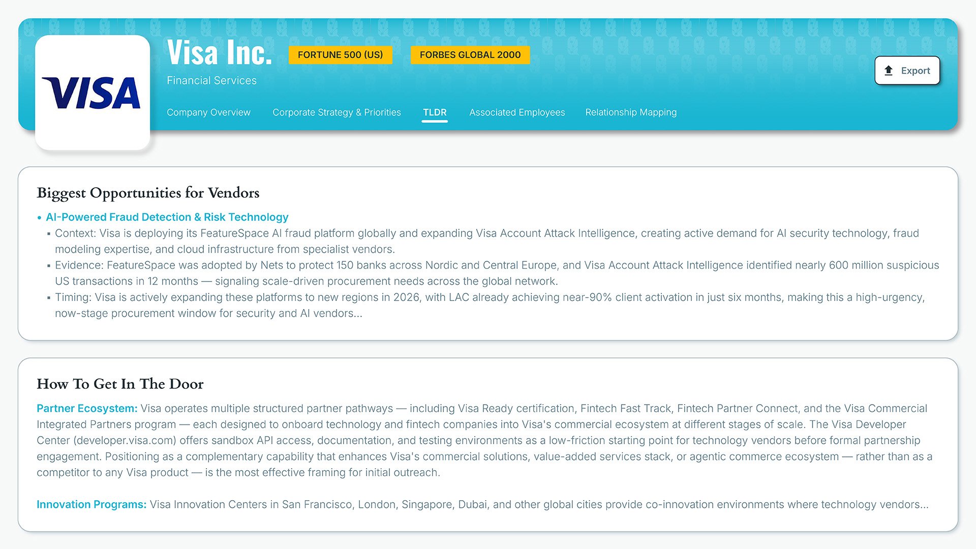 Sample company profile that includes Company Overview, Corporate Strategy & Priorities, TLDR for sellers, Associated Employees, and Executive Relationship Maps. The page discusses opportunities for what vendors can sell to this company.
