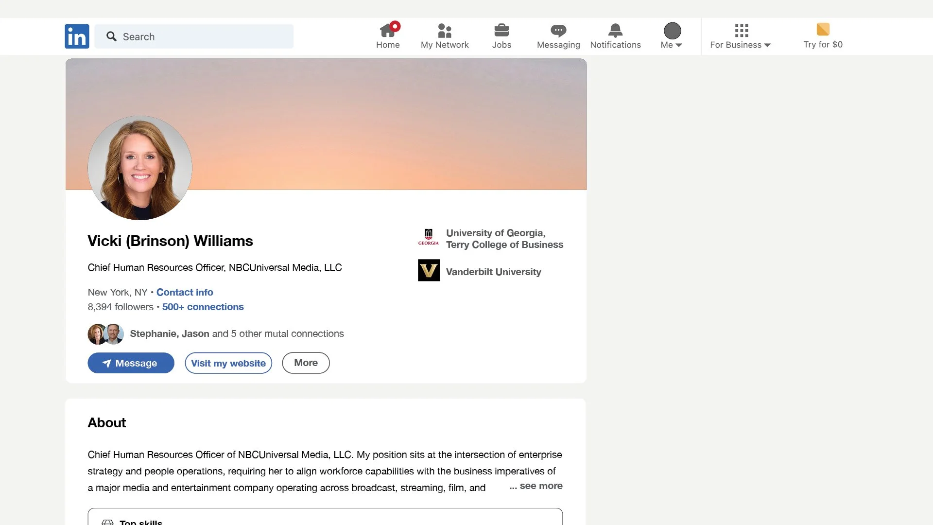Basic LinkedIn profile for an executive